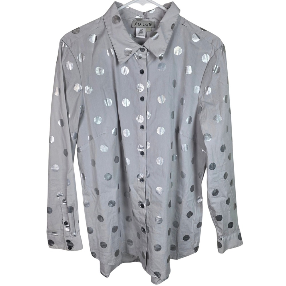 à la carte Button Down Women L Grey Silver Excellent Metallic Polka Dot Shirt